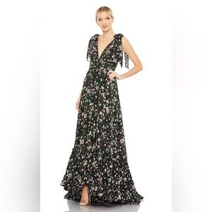 Mac Duggal 50657 NWT Floral Printed Bow Tie Detailed Ruched Waistband Dress